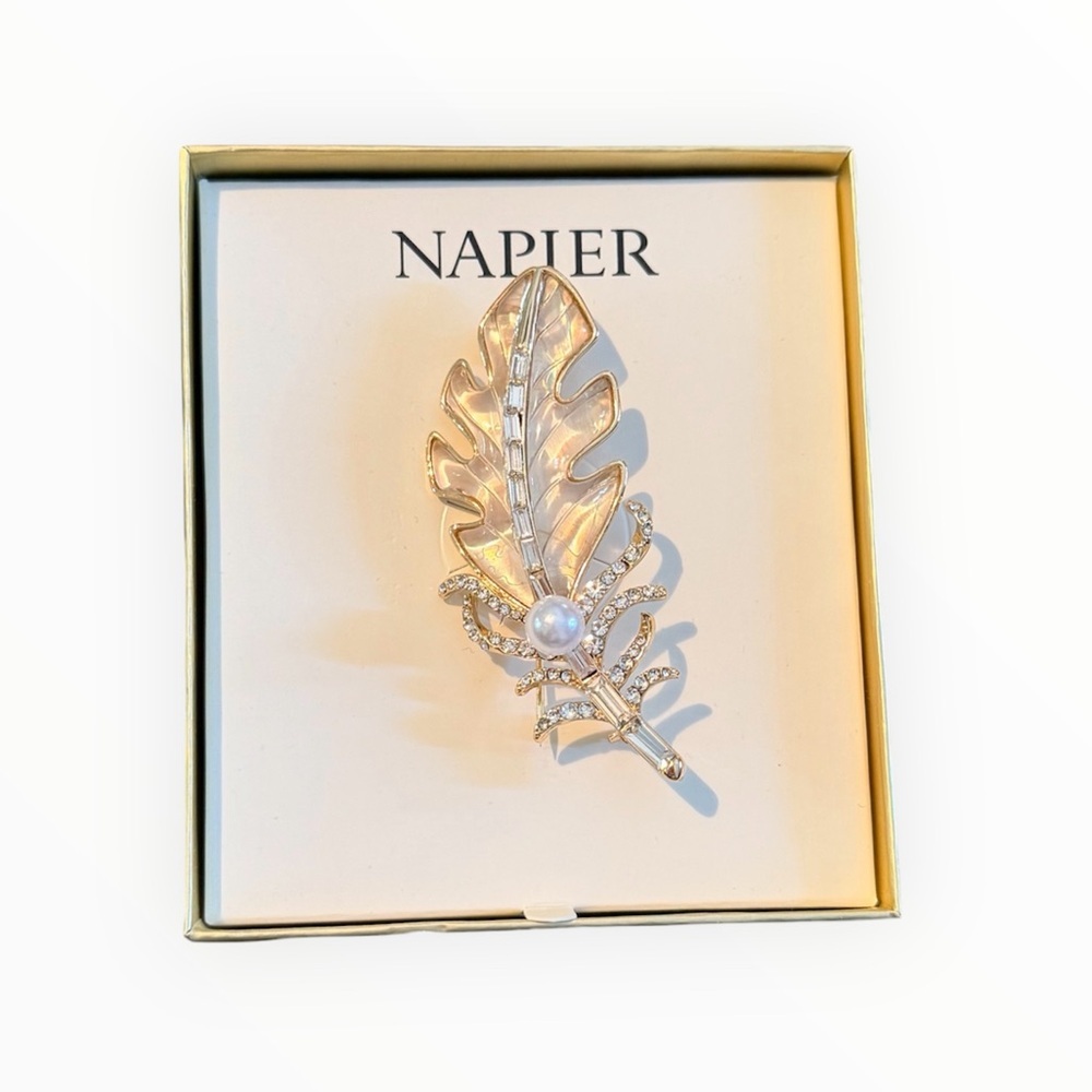 NWT Napier Gold-Tone Feather Brooch Pin with Rhinestone and Pearl Accents